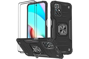 KANSi Hülle für Xiaomi Redmi 10 / Redmi 10 2022, Schutzfolie [2 Stück] Silikon TPU Hart PC Handy Hüllen 360 Grad Drehbar Ringhalter Bumper Stoßdämpfung Schutzhülle - Schwarz