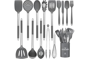 DLD Set di 15 utensili da cucina in silicone, resistenti al calore, con manici in acciaio inossidabile di alta qualità, per cucinare e cuocere, spatole antiaderenti, utensili da cucina (grigio)