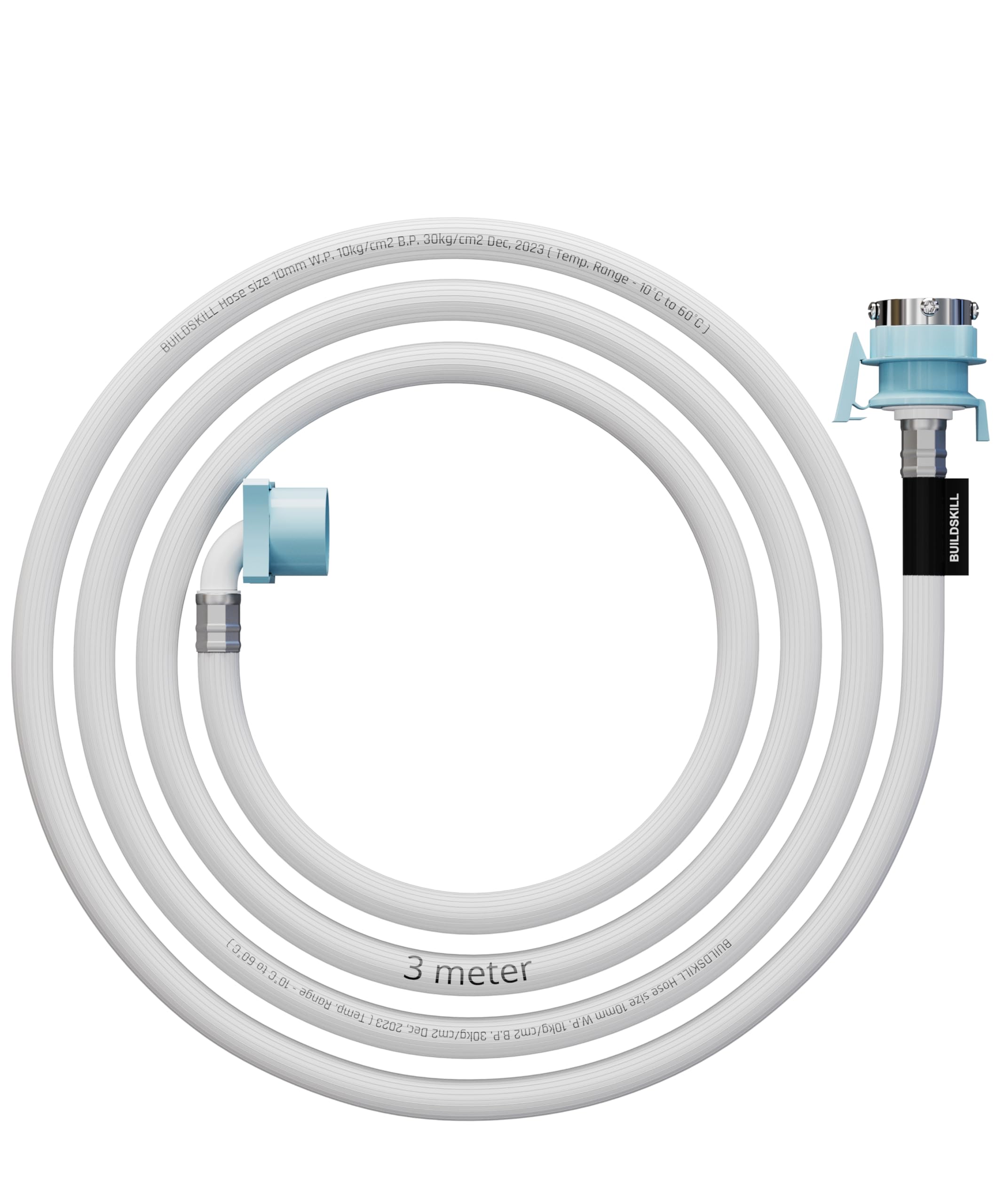 BUILDSKILL 3 Meter Fully Automatic washing machine inlet pipe with universal tap adaptor connector | Burst proof and anti kink | Hot & Cold water washing machine pipe inlet | pressure resistant
