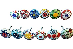 Ajuny Juego 12 pomos de cerámica modernos multicolor, tiradores decorativos vintage para cajones, cómodas, armarios y puertas, knobs para muebles de cocina y baño, hechos y pintados a mano