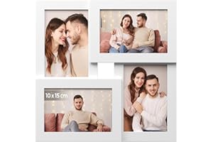 SONGMICS Ramka na zdjęcia, ramka na 4 zdjęcia, rozmiar zdjęcia 10 x 15 cm, galeria zdjęć, szklana szyba, biała RPF25WT