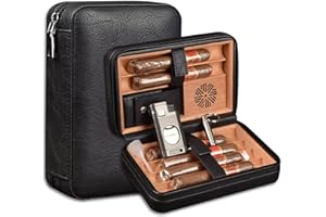 ‎VOLENX Volenx Leather Cigar Humidor Set with 3-in-1 Cigar Lighter & Humidifier, Portable Travel Leather Cigar Case for 6 Cigars, Flat Cutter, Puncher Accessories, Gift for Christmas's Day (Black)