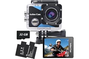 NVGFELIS Cámara Deportiva 1080P Avec Carte Mémoire 32GB, 12MP Cámara de acción con Gran Angula Lente, Cámara Subacuática Impermeable 30M/98FT con 2 Baterías y Accesorios Kit para Casco y Bicicleta, etc.