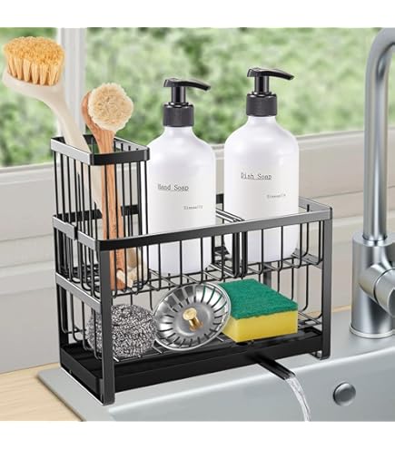Organisateur D'évier Mural Sans Perçage - Porte-éponge, Porte-serviettes, Rangement Cuisine Noir En Acier Carbone