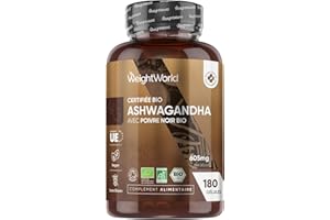 WEIGHTWORLD Ashwagandha Bio Gélules 180 Gélules Vegan pour 6 Mois, Ginseng Indien Enrichi en Withanolides avec Piperine, Extrait de Poudre d'Ashwagandha (Withania Somnifera) avec Poivre Noir Bio (Piper Nigrum)