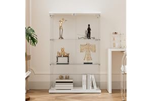 Beauty4U 3-Shelf Glass Display Cabinet, 49" Double Door Showcase Cabinet w/Wood Floor Freestanding for Storage Collectables Bookshelf Living Room Bedroom Office, Simple Quick Installation, White