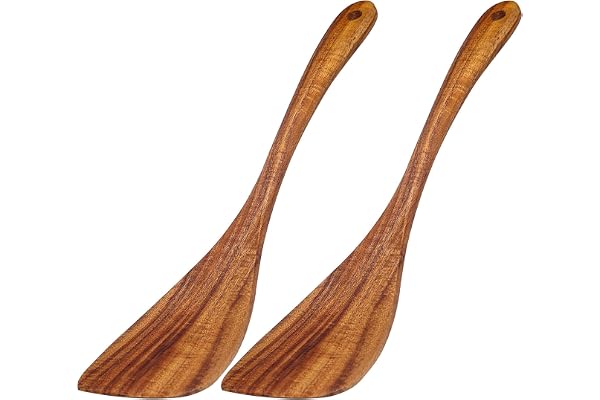 Galenecx 2 styck stekspade, 31 x 7 cm akaciaträ stekspade, non-stick träspateln, träspade med ådrning lång grepp, köksredskap, för non-stick belagda kokkärl