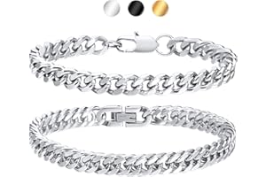 Gamtic 2PCS Mens Silver Cuban Bracelet - Stainless Steel Curb Chain Bracelets for Men Dad Boyfriend Husband Father's Day Birthday Anniversary Silver/Black/Gold 19/21/23CM