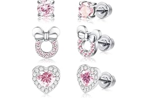 JZTRADING Earrings For Girls Silver Stud Earrings Teenage Girls Kids Pink Screw Back Earrings 3 Pairs Hypoallergenic Cubic Zirconia Heart Bow Small Stud Earrings Set