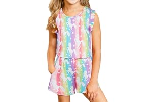 Kimoda Girls Jumpsuits Rompers Ruffle Sleeve Romper Shorts with Pockets Summer One Piece Playsuit Outfits for Girl 6-13 Years