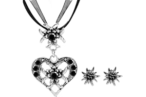 JENCVNL 3 Stück Trachtenschmuck Damen, Oktoberfest Bayerisch Dirndlschmuck Trachtenkette mit Strass Edelweiß Herz Anhänger Ohrstecker für Damen für Bierfest Trachten Dirndl Accessoires