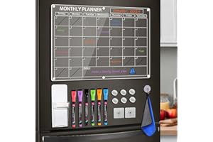 LISSCHANN Acrylic Magnetic Calendar for Fridge, 16" x 12" Clear Monthly Planner Dry Erase Board for Refrigerator, W/ 6 Chalk Markers, Pen Holder, Adhesive Wall Screws and Towel