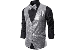 LIEBEIMMER Ensemble tendance à paillettes pour hommes composé d’un gilet de costume à la coupe ajustée et d’un nœud-papillon, pour les occasions formelles, un mariage, une fête