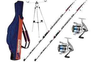 GENERICO Kit Surfcasting 2 x Canna Shizuka SH1600 220 gr 4.20 mt + 2 x Mulinello Trabucco Dayton SW 6500 + Fodero Lineaeffe 175 cm Pro Cordura + Tripode Surfcasting 180 cm regolabile