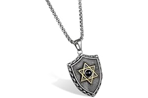 JewelryWe Big Shield Pendants Necklaces for Men Women Stainless Steel Punk Hexagram Blue/Black Crystal Pendant