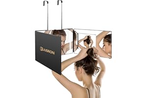 JUSRON 3 Way Mirror with Lights, 360° for Self Hair Cut, Adjustable Height & Rechargeable Barber Trifold Mirrors&LED Makeup Mirror, DIY Haircut Tool is Good Gift for Men/Women(With LED)