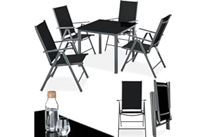 TecTake® Conjunto Muebles Jardín Exterior 5 Piezas, Estructura de Acero, Mesa y Sillas Terraza Impermeables y Resistentes a Intemperie, Sillas Plegables y Reclinables, Tela Transpirable - Antracita