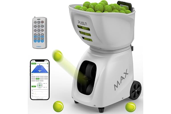 PUSUN PT-MAXC tennisbollmaskin med app/fjärrkontroll/iWatch, flera träningsborrar/AI-borrar, helbanetäckning, 145+ bollkapaci
