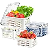 TBMax Fresh Food Storage Containers for Fridge, Plastic Produce Saver, 3 Pack Vegetable Fruit Storage Containers with Drain B