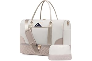 LOVEVOOK Reisetasche Damen Weekender Bag mit Schuhfach & Nassfach, 2-teiliges Set Travel Duffle Sporttasche Groß, Handgepäck Tasche für Flugzeug Reisen Gym Yoga, Beige & Khaki, M