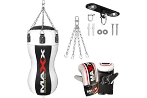 MAXX PRO BOXING GEAR Maxx Black & White Body Bag Punching Bags Set - Leather Body Bag & Uppercut Angle Punch Bag Set - Heavy Filled Bags with Free Chain for Boxing, MMA & Fitness Training
