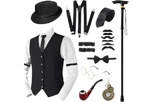 Idyllic 17PCS Ensemble Gatsby d'Accessoires pour Homme, 1920s de Gangster pour Hommeet de Cosplay d'Halloween,Déguisement des Années 20 avec Gilet Fedora Chapeau Montre de Poche Bretelles Cravate