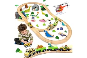 Joellfuner Tren Madera Juguete de Dinosaurios, 80 Piezas Pistas de Tren Madera con Dinosaurios, Cabezas de Jeep y Aviones, Compatible con Las Principales Marcas, Juguete de Trens para Niños y Niñas