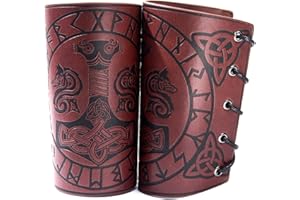 Mayting 2 Pcs Viking Leather Gauntlet Wristband Nordic Bracers Thor's Hammer Embossed Archery Armguard Medieval Leather Wristbands, Retro Leather Cuff Bracer Wristband for Men Women
