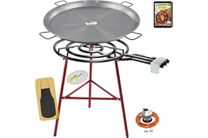 COMBOI Kit Réchaud à Paella à Gaz Butane 70 cm, Poêle 90 cm, Régulateur, Tuyau, Support Pieds Renforcés, Niveau, Tablier et Livre de Recettes Numérique