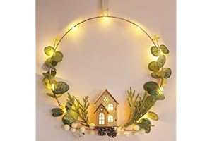 KUPITM6 Fensterdeko Weihnachten LED Dekoring mit Holzhaus, Kranz zum Aufhängen Fenster 30cm mit 20 LED Beleuchtet, Deko Weihnachten Hänge Metall Ring mit Kunstblumen, Winter Deko Fenster Deko