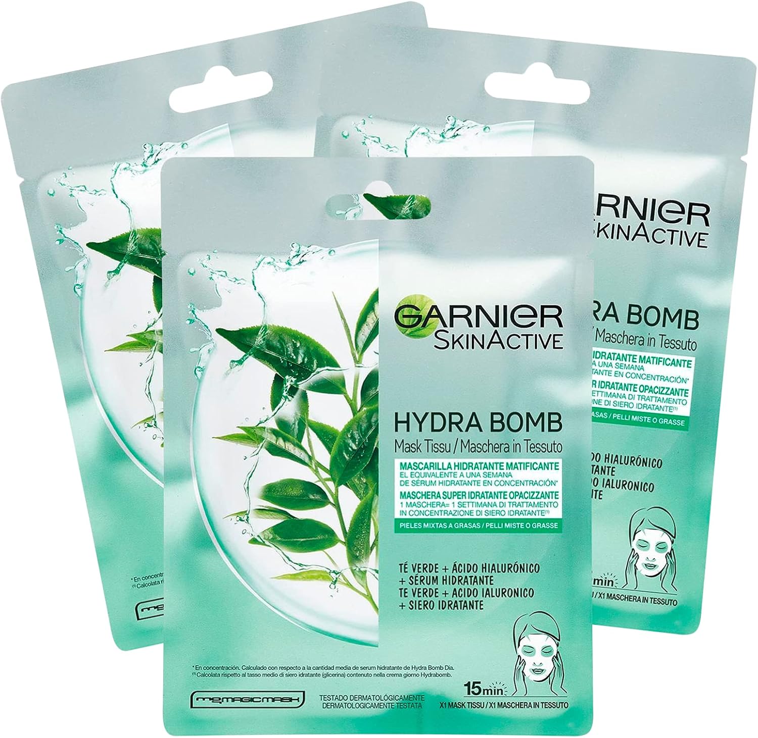 3x Garnier SkinActive Hydra Bomb Mascarilla Facial en Tela Hidratante y Matificante con Té Verde y Ácido Hialurónico