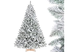 FairyTrees Árbol de Navidad Artificial, Pícea Natural con Nieve, Soporte de Madera, 220cm, FT13-220
