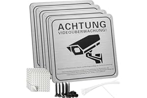 HOILOIE Sign 4 Stück Achtung Videoüberwachung Schild Privatgrundstück mit DSGVO Hinweis,Schilder Aufkleber Videoüberwachung,15x15cm,100% Alu,Selbstklebend und 4 Bohrlöcher,für Außen