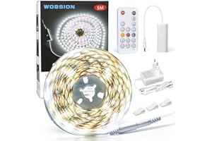 WOBSION Striscia LED Cucina 5 Metri Dimmerabile con RF Telecomando,Bianco Freddo Strisce Kit 6000K per Festa,la Casa,Bar,Letto,Camera e Armadio,12V Alimentatore Luminoso Luci da 300 LEDs