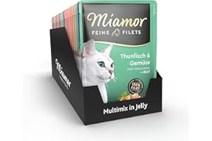 MIAMOR - Drobne filety w pakiecie miksowym Jelly | mokra karma dla dorosłych kotów z kawałkami filetu w galarecie. Niskotłuszczowa karma uzupełniająca w woreczku świeżości bez sztucznych dodatków, 24