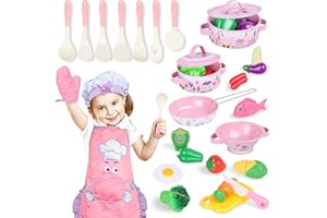 Kids Cooking Set with Toddler Chef Costume, Magic4U 28Pcs Play Kitchen Accessories Including Apron, Pots and Pans, Play Food, Cutting Vegetables, Toy Utensils, Gifts for Girls Ages 3-8 (Pink)