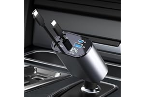 Caricabatterie Auto Retrattile 4 In 1 60 W PD30W USB C Ricarica Rapida, Adattatore Accendisigari Universale 12V 24V Con 2 Cavi Retrattili Type-C E 2 Porte USB A/C, Compatibile Con IPhone 17/16/15