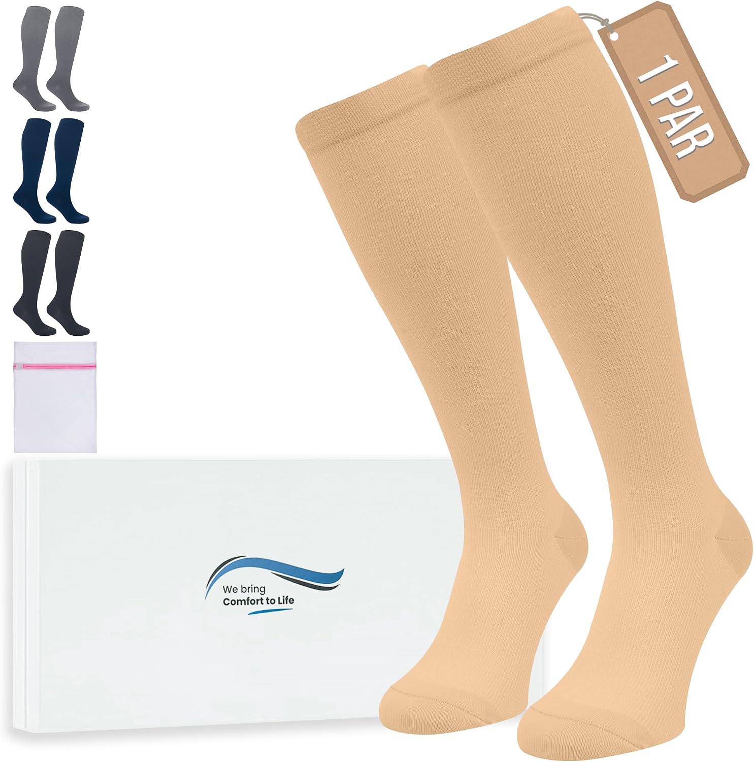 360 Relief Medias de Compresión Mujer y Hombre - 1 Par Calcetines de Compresión para Deportes, Correr, Volar, Viaje, Trabajo, Footing - S/M Beis con Bolsa de Malla