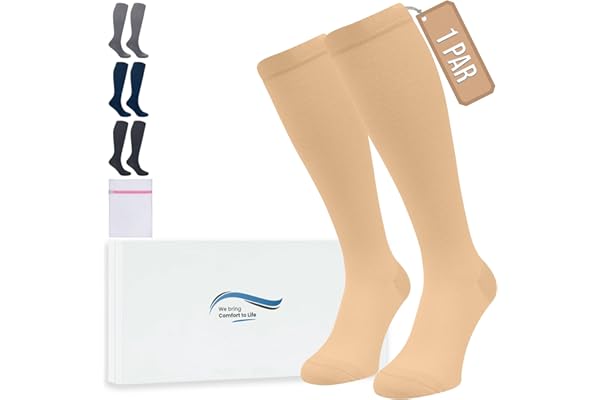 360 Relief Medias de Compresión para Mujeres y Hombres - 1 Par Calcetine de Compresión para Deportes, Correr, Volar, Viaje, Trabajo, Footing - S/M Beis con Bolsa de Malla