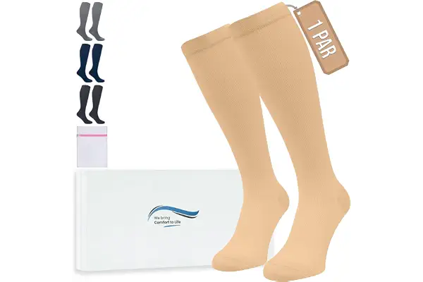 360 Relief Medias de Compresión para Mujeres y Hombres - 1 Par Calcetine de Compresión para Deportes, Correr, Volar, Viaje, Trabajo, Footing - S/M Beis con Bolsa de Malla