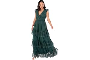 Anaya with Love Women's Maxi Dress Ladies Short Sleeve V-Neck Wrap Tiered Ruffle Tulle A-Line Wedding Guest Bridesmaid Prom Ball Gown Femme