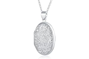 Bling Jewelry Personalized Vintage Style Embossed Scroll Floral Flower Sunflower Photo Round Oval Lockets Necklace Pendant for Women That Hold Pictures Oxidized .925 Sterling Silver Customizable