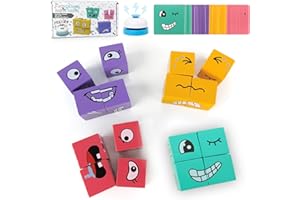 Audasi Wooden Face Changing Magic Cube Game 3D Puzzle Face-Changing Magic Cube Expression Puzzle Building Blocks Pattern Matching Game Educational Puzzles Toy Board Games with Bell and Card