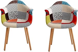 ‎GRANDCA HOME GrandCA HOME 2er-Set Sessel mit Patchwork-Stoffkissen Esszimmerstühle Holzbeine für Küche, Wohnzimmer,Rot A5