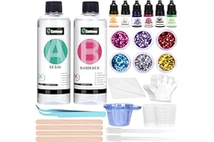 CONTEVER Resina epoxi transparente 300 ml, 202 piezas kit resina epoxi completa con 4 moldes de resina epoxi, colorante resina epoxi, lentejuelas, hoja de oro, 1:1 relación para fabricación de joyas, collar,