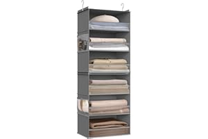 SONGMICS Hanging Wardrobe Organiser, 6-Tier Fabric Storage Shelf, Separable Closet Hanging Shelf with Side Pockets, Foldable, Metal Hooks and Bamboo Inserts, Dove Grey RCH007G01