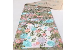 SMZhomeone Peony Embroidered Fabric 91X125cm Peony Embroidered Tulle Mesh Lace Fabric for Designer Dresses(Blue)