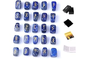 Juego de piedras rúnicas de lapislázuli con letras paganas grabadas con folleto de instrucciones y bolsa de terciopelo TGS Gems, 25 Count (Pack of 1), Piedra