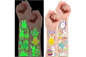 Leesgel Pasqua Tatuaggi per Bambini, 12 Fogli Luminosi Tatuaggi Temporanei per Caccia alle Uova Pasqua Decorazioni Pasquali per Gadget Compleanno Bambini Giochi Festa Regalo