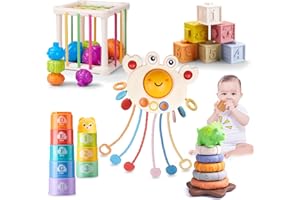 zxtwtoy Giochi Montessori Neonato 6 Mesi, Giochi Bambini 1 2 3 Anno, 5 in 1 Cubi Sensoriali,Blocks e Gioco Tazze Impilabili,Tirare la Corda Educativo, Regalo Giochi Neonato 6 9 12 18 Mesi